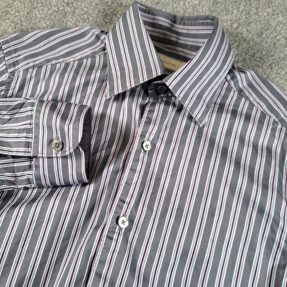 Ermenegildo Zegna Shirt Men Small Blue Gray Purle Stripped Cotton Made in Italy